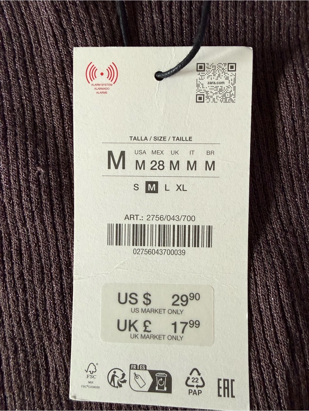 NWT Size M Zara Ribbed V-Neck Tank in Brown - Picture 4 of 4